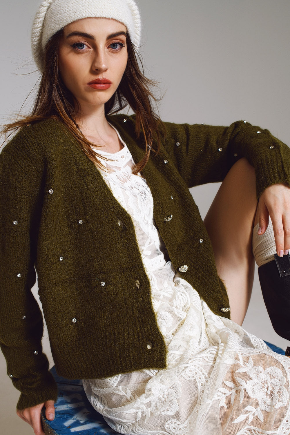 Brown Cardigan With Knitted Flowers and Military Green Details