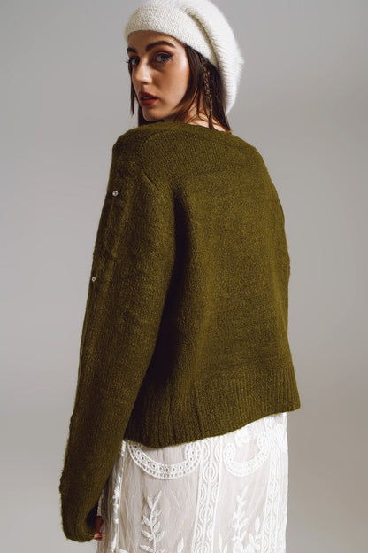 Brown Cardigan With Knitted Flowers and Military Green Details