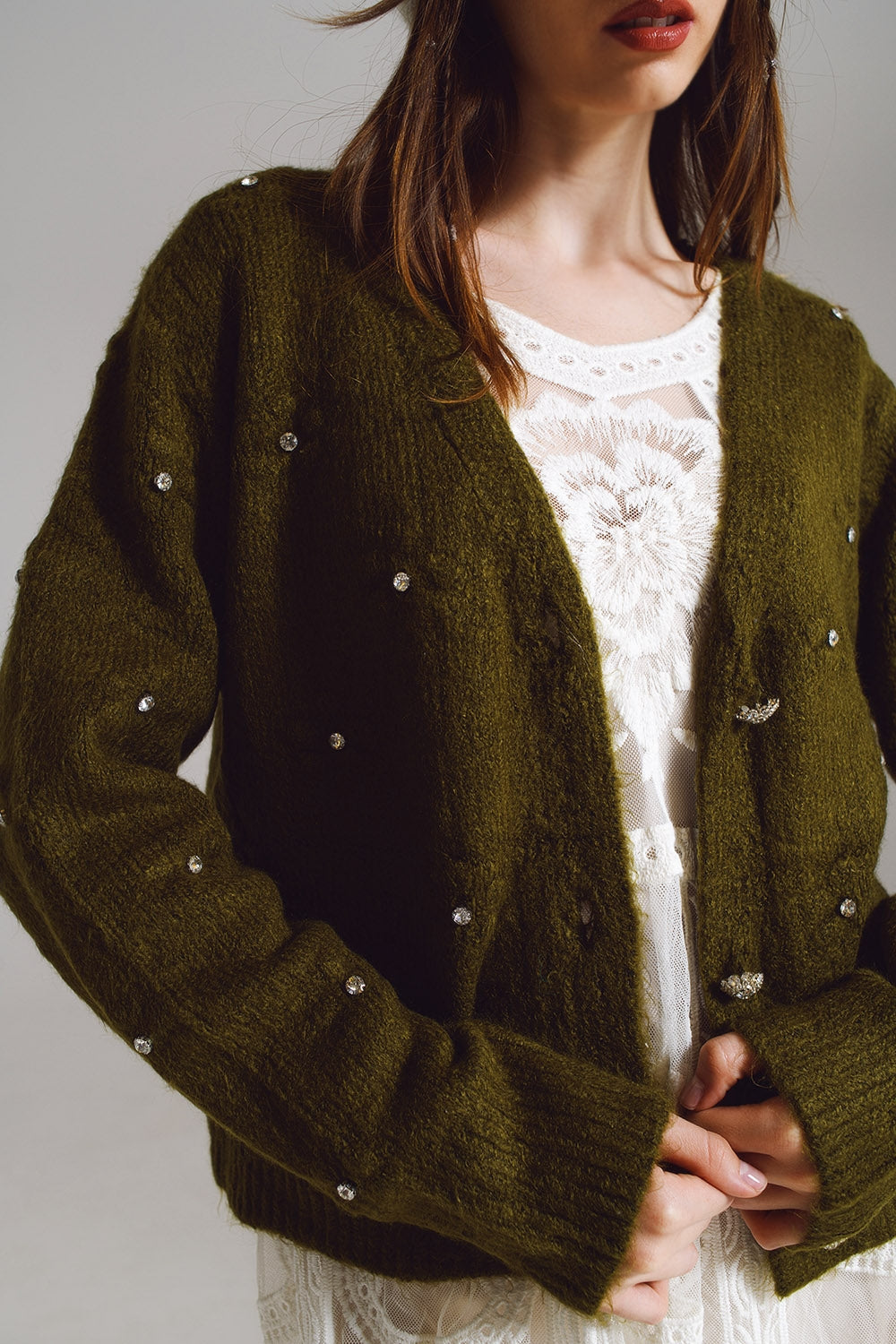 Brown Cardigan With Knitted Flowers and Military Green Details