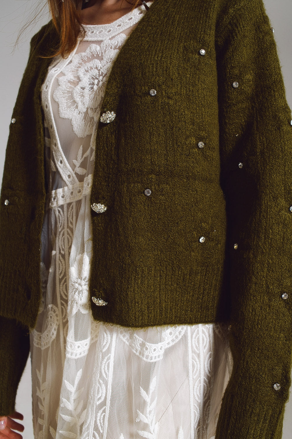 Brown Cardigan With Knitted Flowers and Military Green Details