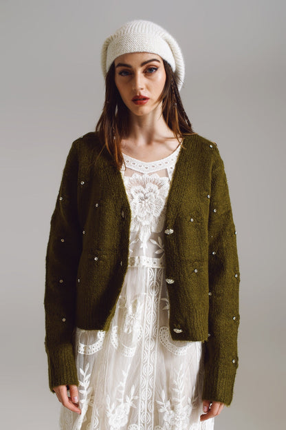 Brown Cardigan With Knitted Flowers and Military Green Details