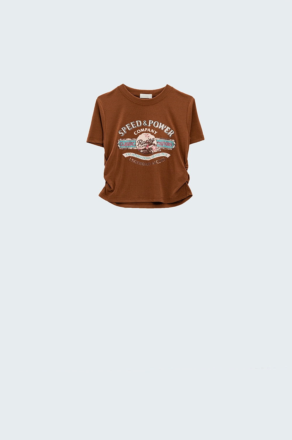 Brown Crew Neck T-Shirt With Graphic Print and Ruched Detail