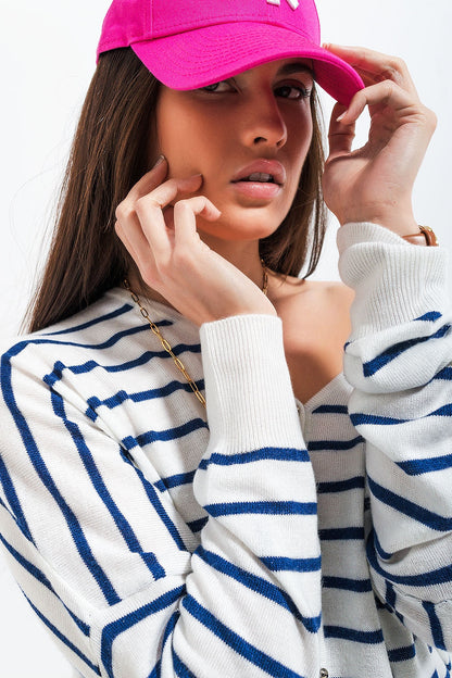 Button Down Cream Cardigan Top in Stripe with Ribbed Trims