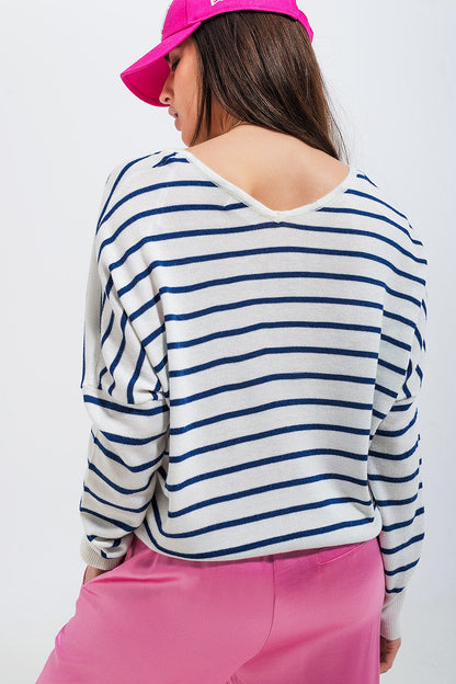 Button Down Cream Cardigan Top in Stripe with Ribbed Trims