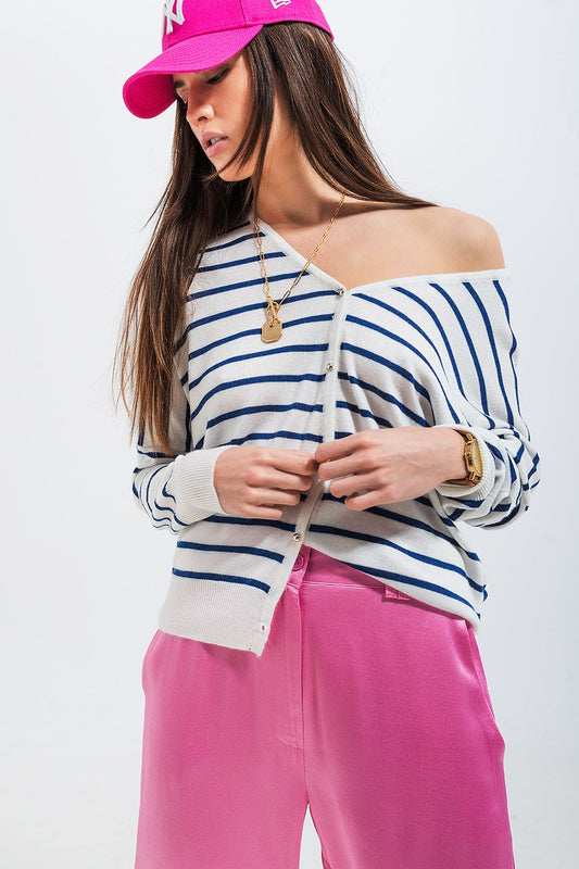 Button Down Cream Cardigan Top in Stripe with Ribbed Trims