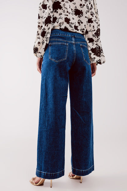 Button Front Jean in Mid Blue with Wide Relaxed Fit