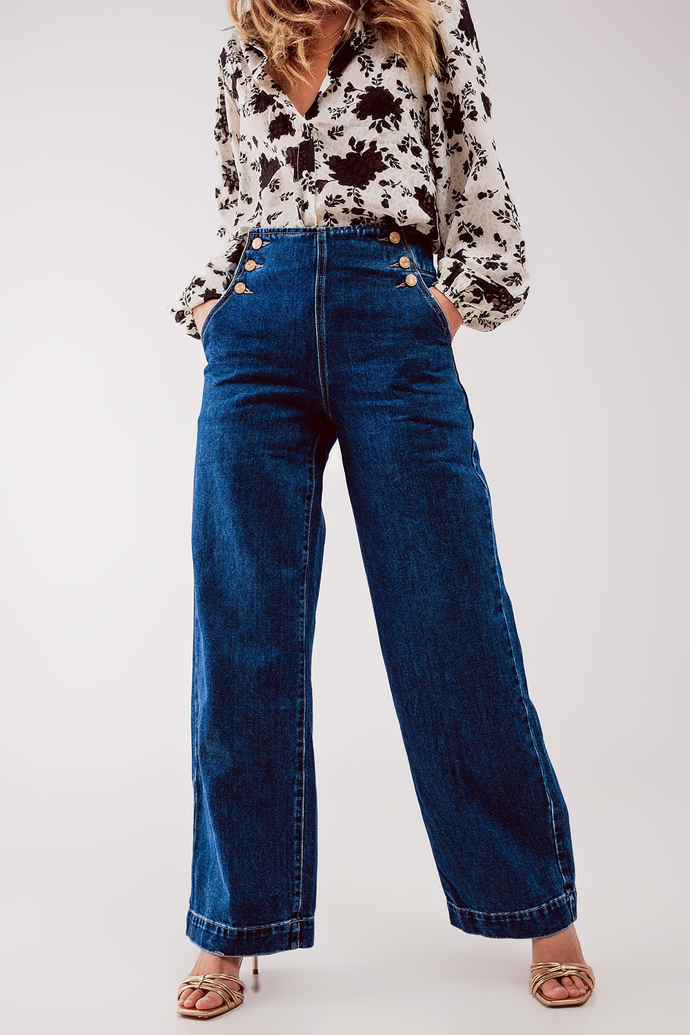 Button Front Jean in Mid Blue with Wide Relaxed Fit