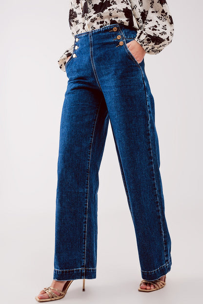 Button Front Jean in Mid Blue with Wide Relaxed Fit