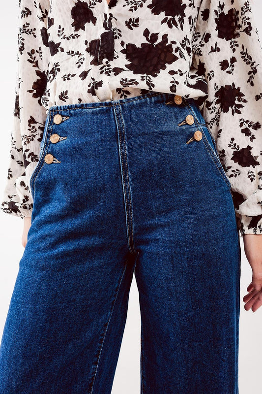 Button Front Jean in Mid Blue with Wide Relaxed Fit