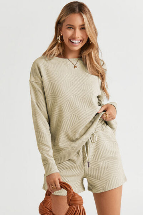 Double Take Texture Long Sleeve Top & Drawstring Shorts