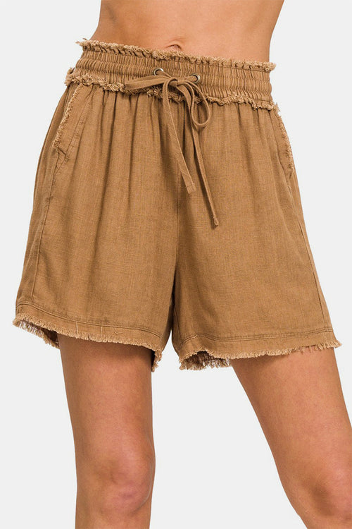 Zenana Washed Linen Frayed Hem Drawstring Shorts for Summer