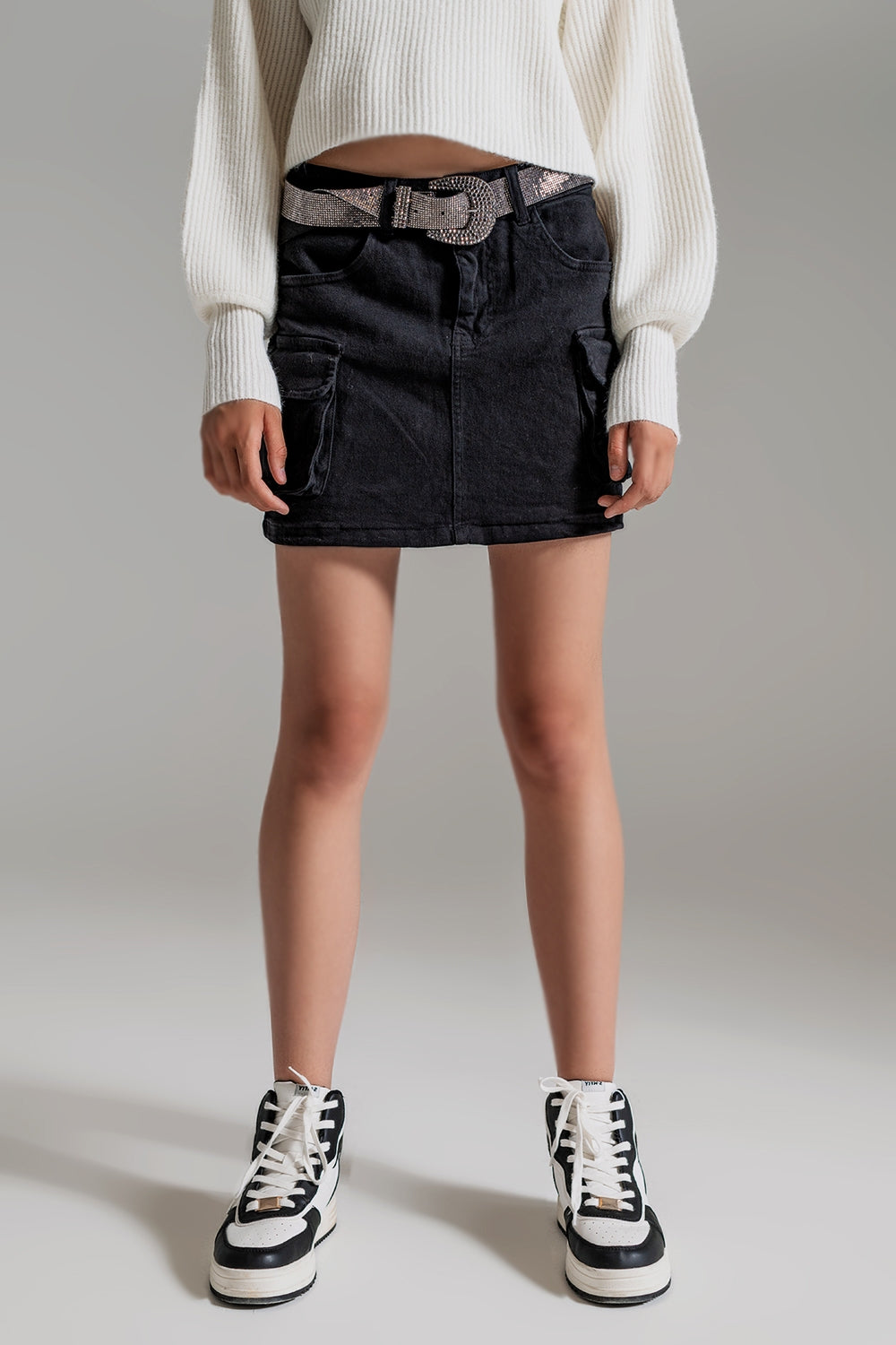 Cargo Mini Skirt in Black with Pockets and Stretch Denim