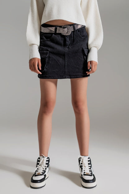 Cargo Mini Skirt in Black with Pockets and Stretch Denim