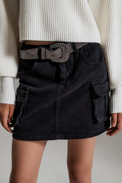 Cargo Mini Skirt in Black with Pockets and Stretch Denim