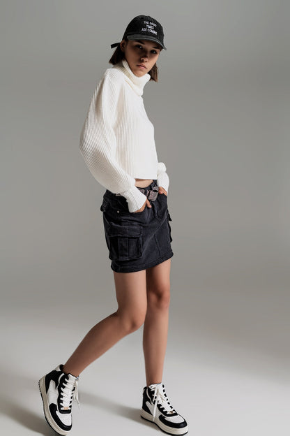 Cargo Mini Skirt in Black with Pockets and Stretch Denim