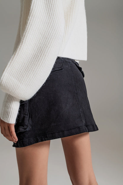 Cargo Mini Skirt in Black with Pockets and Stretch Denim