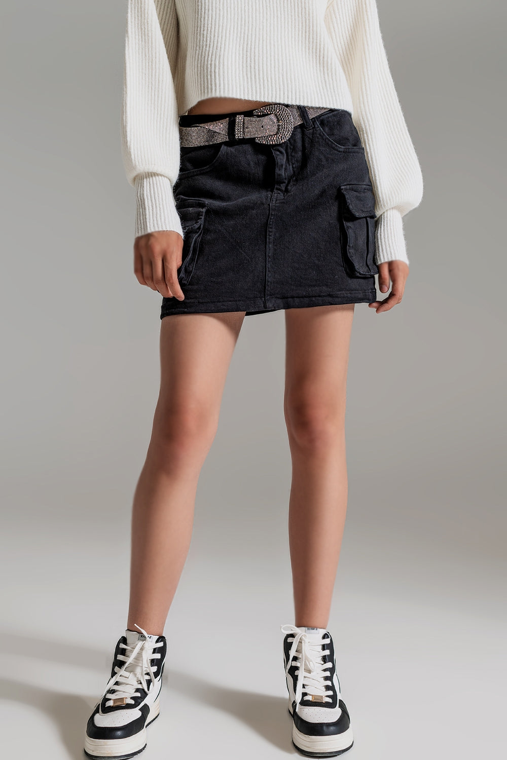 Cargo Mini Skirt in Black with Pockets and Stretch Denim