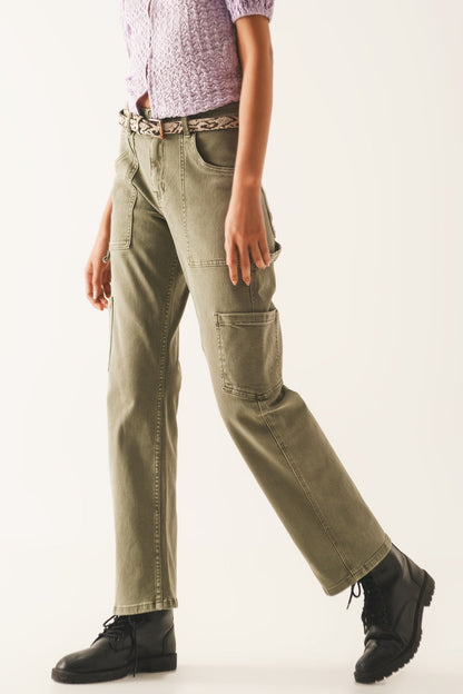 High Rise Cargo Pants in Khaki with Functional Pockets