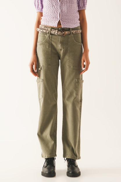 High Rise Cargo Pants in Khaki with Functional Pockets