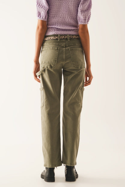 High Rise Cargo Pants in Khaki with Functional Pockets