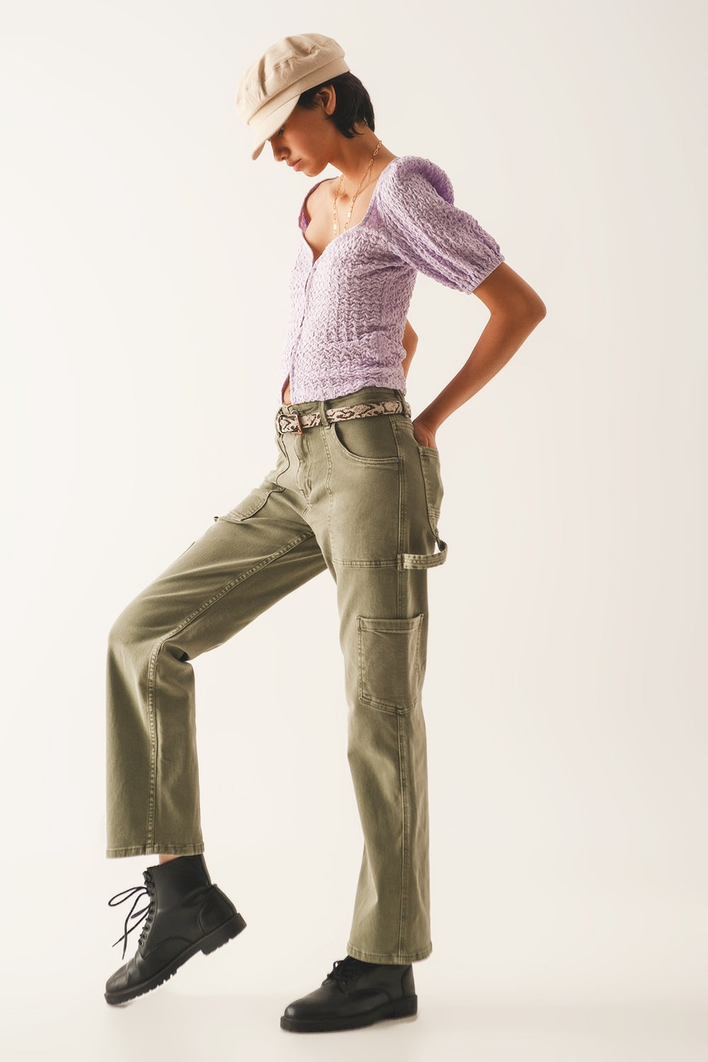 High Rise Cargo Pants in Khaki with Functional Pockets