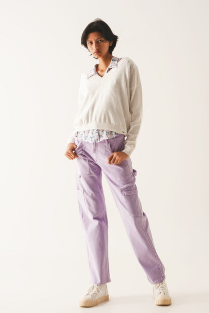 Cargo Pants in Purple with Functional Pockets and Stretch Denim