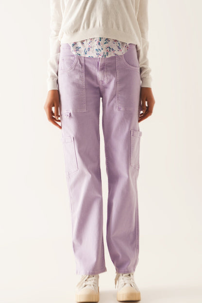 Cargo Pants in Purple with Functional Pockets and Stretch Denim