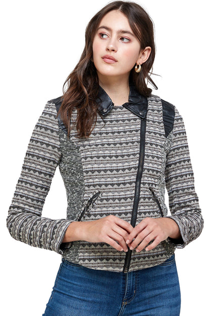 Textured Knit Jacket with Faux Leather Accents - Stylemz