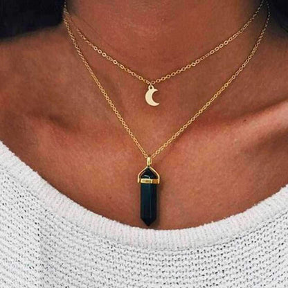 Obelisk Crescent Moon Necklace with Natural Stone Pendant