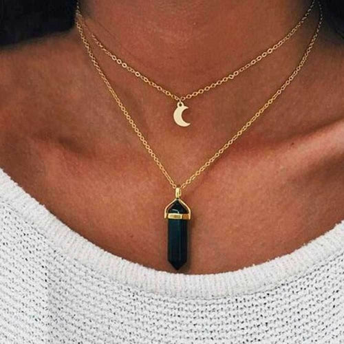 Obelisk Crescent Moon Necklace with Natural Stone Pendant