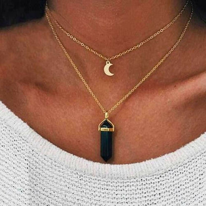 Obelisk Crescent Moon Necklace with Natural Stone Pendant