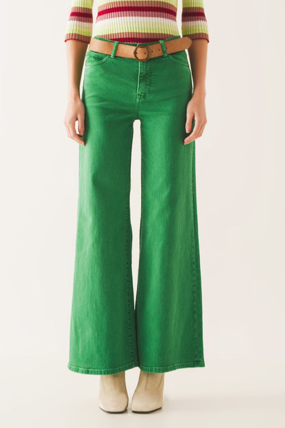 Cotton Blend Wide Leg Jeans in Green for Casual Comfort