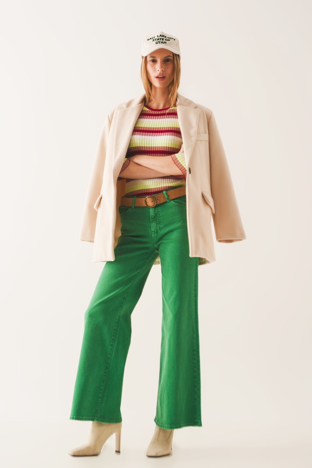 Cotton Blend Wide Leg Jeans in Green for Casual Comfort