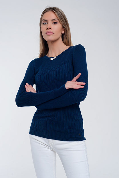 Stylish Crew Neck Ribbed Sweater in Navy for Everyday Wear