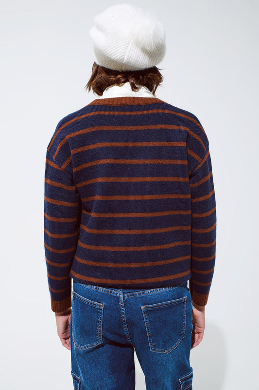 Crew Neck Stripy Sweater in Navy and Rust Orange - Soft Knit