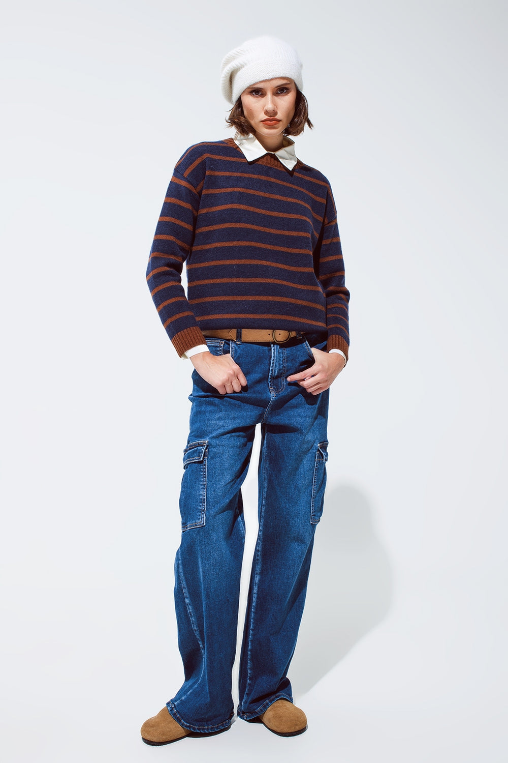 Crew Neck Stripy Sweater in Navy and Rust Orange - Soft Knit