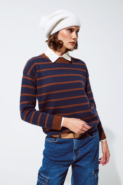 Crew Neck Stripy Sweater in Navy and Rust Orange - Soft Knit