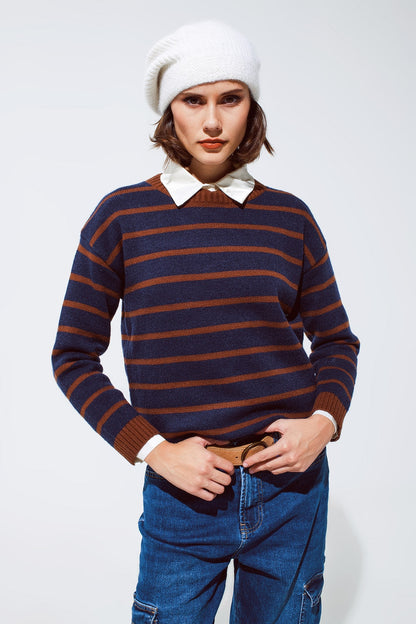 Crew Neck Stripy Sweater in Navy and Rust Orange - Soft Knit