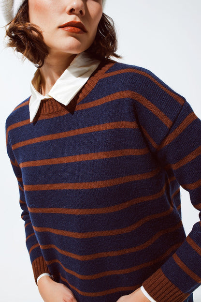 Crew Neck Stripy Sweater in Navy and Rust Orange - Soft Knit