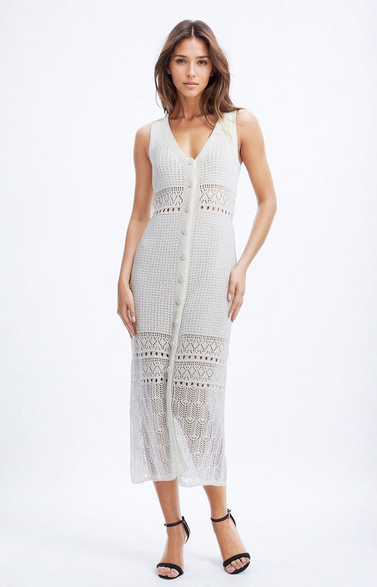 Crochet Maxi Vest With Button Closure in White Boho Style