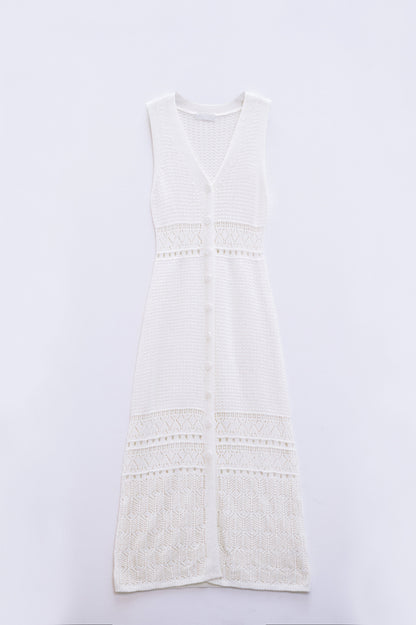 Crochet Maxi Vest With Button Closure in White Boho Style