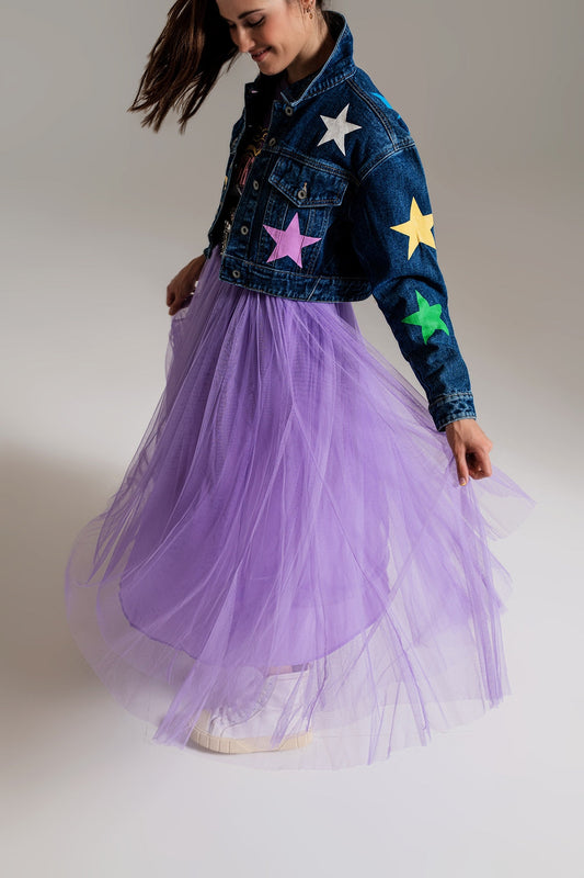 Crop Denim Jacket With Multicolored Stars for Daily Style