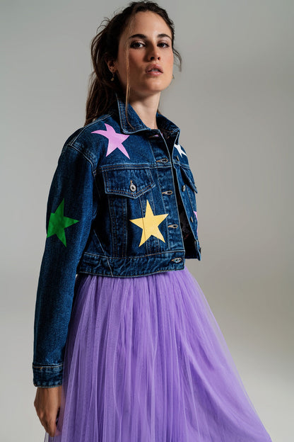 Crop Denim Jacket With Multicolored Stars for Daily Style