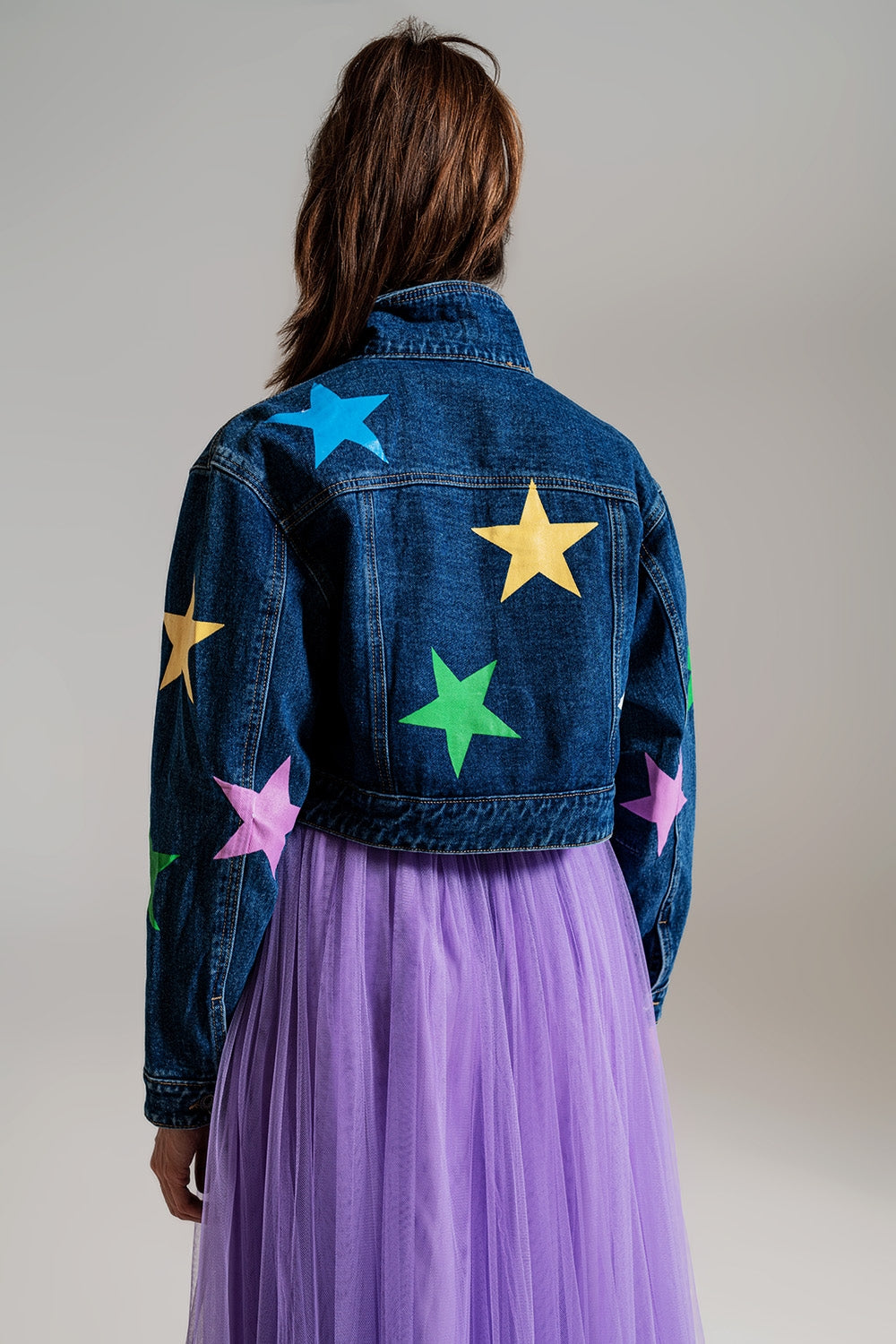 Crop Denim Jacket With Multicolored Stars for Daily Style