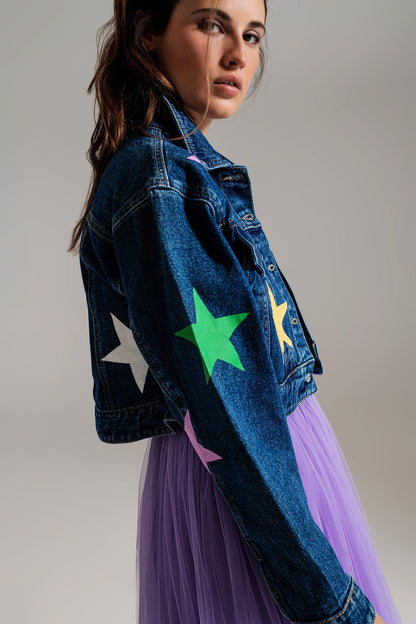 Crop Denim Jacket With Multicolored Stars for Daily Style