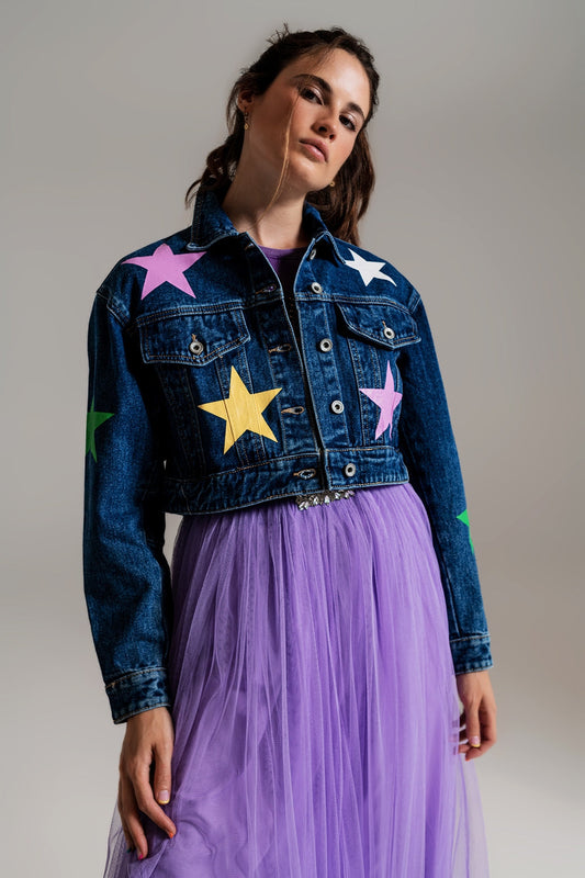 Crop Denim Jacket With Multicolored Stars for Daily Style