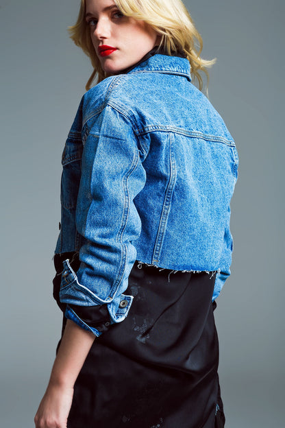 Cropped Denim Jacket With Raw Hem Mid Wash Metallic Silver Finish