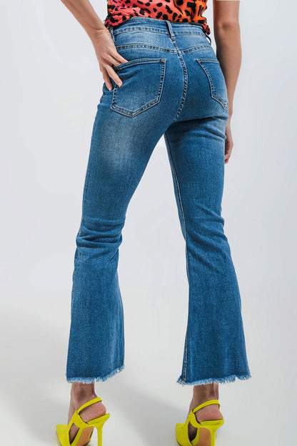 Cropped Kickflare Jeans in Mid Wash with Distressed Detail