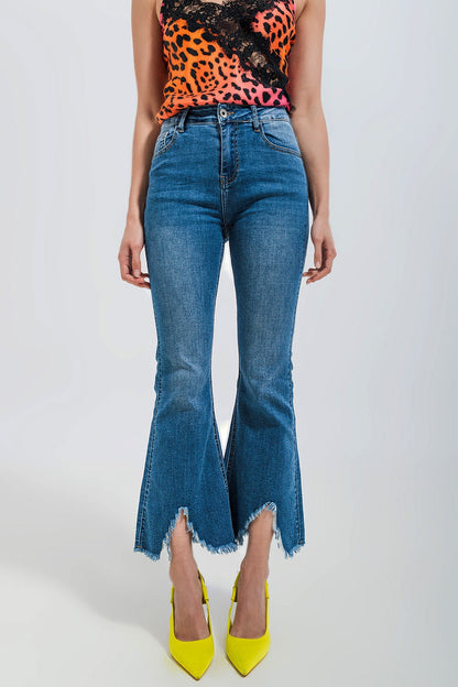 Cropped Kickflare Jeans in Mid Wash with Distressed Detail