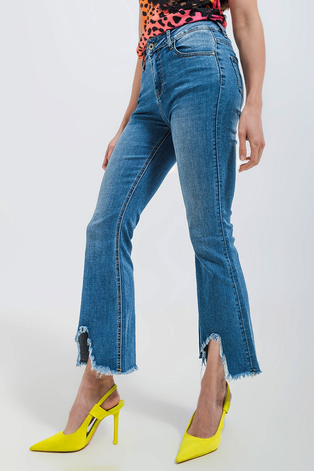 Cropped Kickflare Jeans in Mid Wash with Distressed Detail